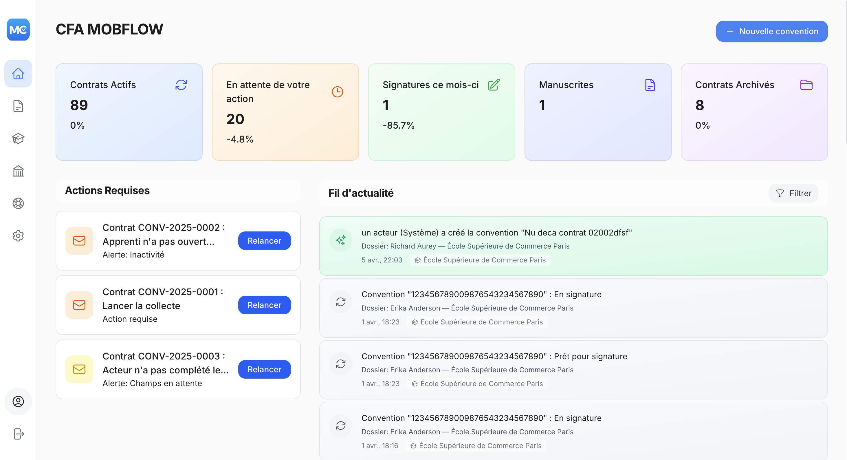 Tableau de bord MobConvention : suivi des contrats, signatures et actions en cours